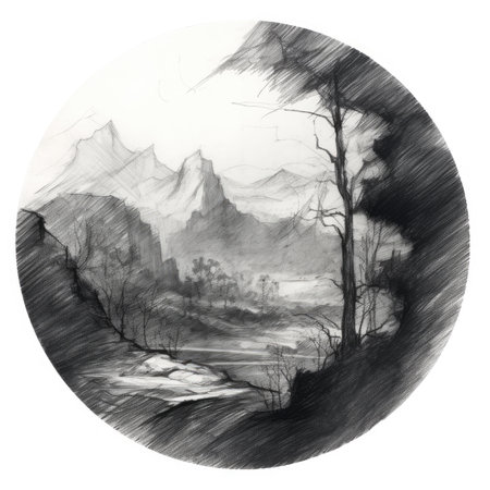 Black and white hand drawn illustration of a winter landscape in the mountains, landscape in a circle, graphite pencil, hand drawn.の素材