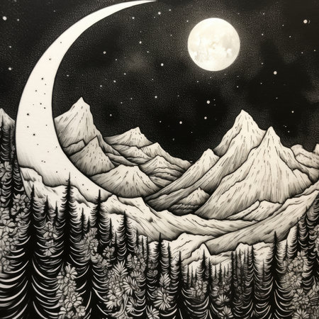 Night landscape with moon and mountains. Illustration in black and white.の素材