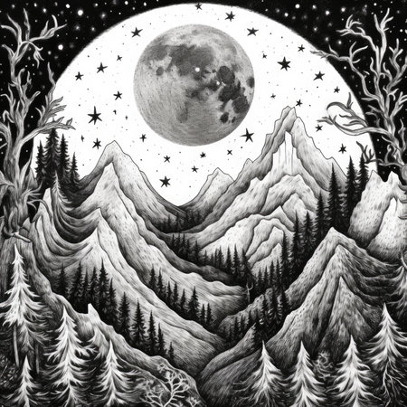 Mountain landscape with forest and full moon. hand drawn illustration.の素材