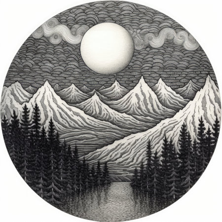 Illustration of a landscape with mountains, trees and the moon, landscape in a circle, graphite pencil, hand drawn.の素材