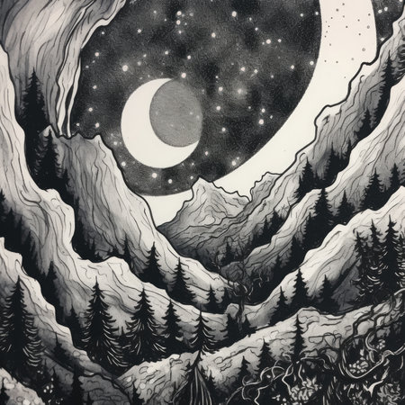 Mountain landscape with moon and stars in the night. hand drawn illustration.の素材