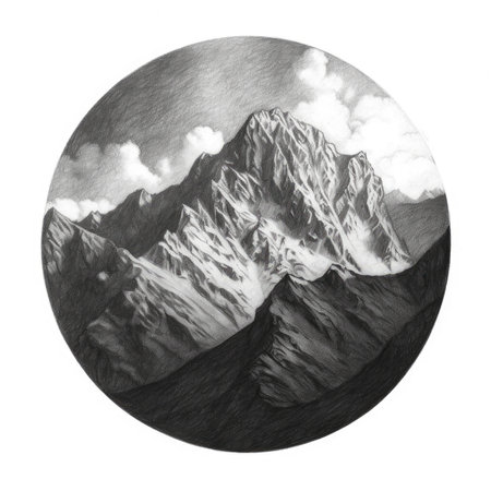 Black and white hand drawn illustration of Himalayan mountain range with clouds, landscape in a circle, graphite pencil, hand drawn.の素材