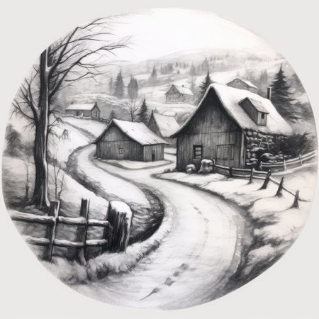 Watercolor illustration of rural landscape with wooden houses and snow-covered road, landscape in a circle, graphite pencil, hand drawn.の素材