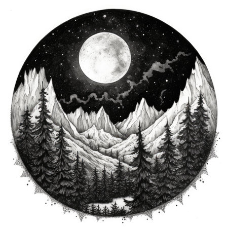 Mountain landscape on a full moon background. Hand-drawn illustration, landscape in a circle, graphite pencil, hand drawn.の素材