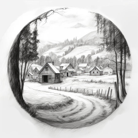 Winter landscape with a house in the mountains. Hand drawn illustration, landscape in a circle, graphite pencil, hand drawn.の素材