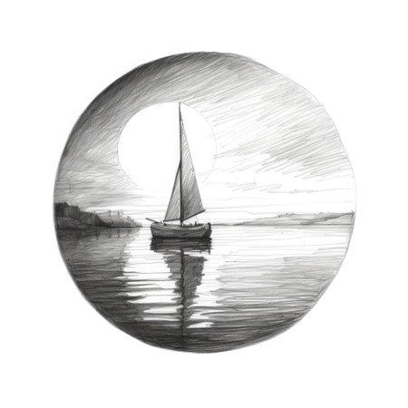 Sailing boat on the sea. Hand drawn illustration in a circle, landscape in a circle, graphite pencil, hand drawn.の素材