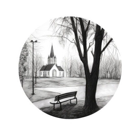 Illustration of a park with a bench and a church in the background, landscape in a circle, graphite pencil, hand drawn.の素材