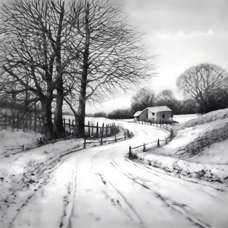 Winter landscape with rural road and houses in the snow, black and whiteの素材