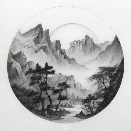 Mountain landscape with trees in the circle. Hand-drawn illustration, landscape in a circle, graphite pencil, hand drawn.の素材
