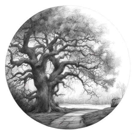 Black and white illustration of a large old oak tree in the middle of a lake, landscape in a circle, graphite pencil, hand drawn.の素材