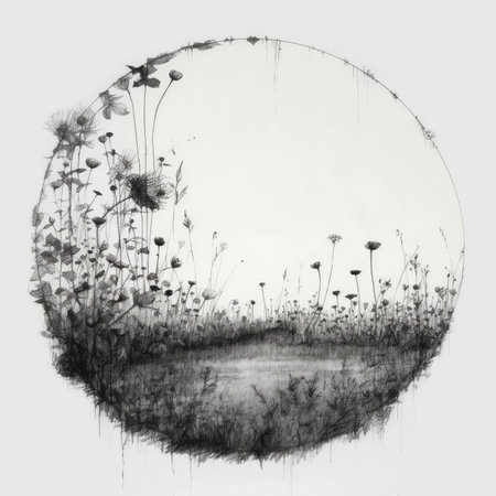 Dandelion field in black and white. Digital art painting, landscape in a circle, graphite pencil, hand drawn.の素材