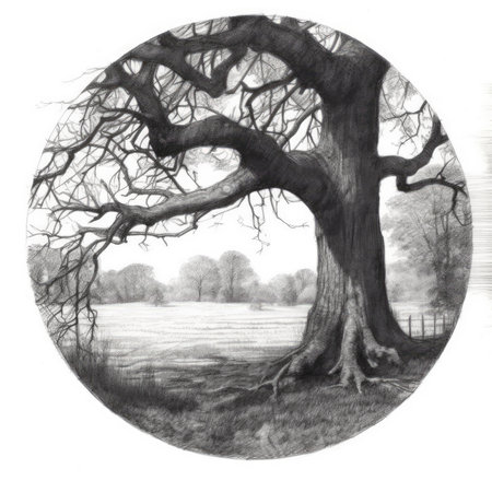 Old oak tree in a foggy park. Black and white illustration, landscape in a circle, graphite pencil, hand drawn.の素材