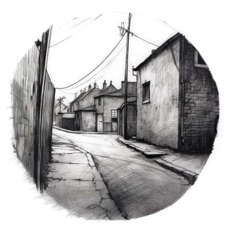 Street in the old town. Hand-drawn illustration on a white background, landscape in a circle, graphite pencil, hand drawn.の素材