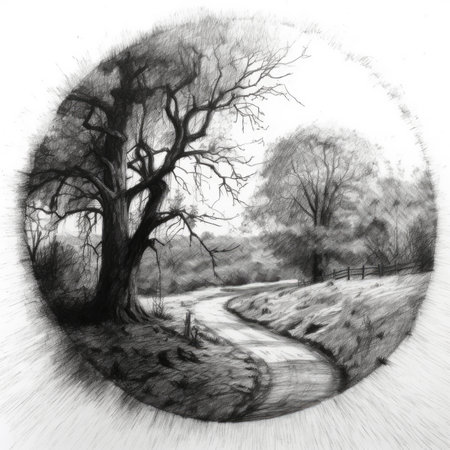 black and white image of the road through the trees in the park, landscape in a circle, graphite pencil, hand drawn.の素材
