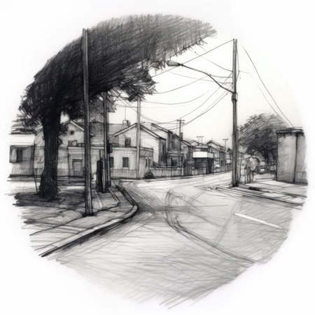 Sketch of a street in the city. Hand drawn illustration, landscape in a circle, graphite pencil, hand drawn.の素材