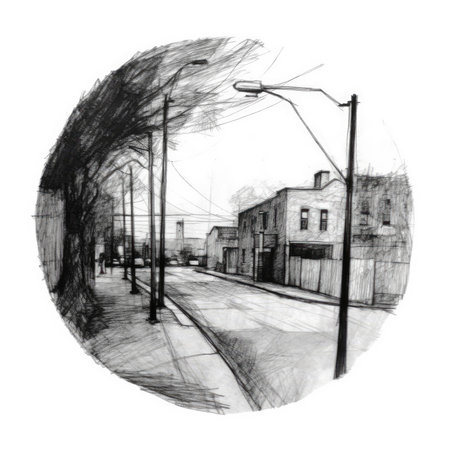 Sketch of a city street on a white background. Hand-drawn illustration, landscape in a circle, graphite pencil, hand drawn.の素材