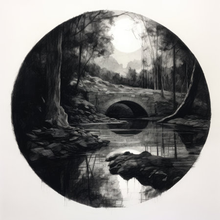Black and white illustration of a bridge over a river in the forest, landscape in a circle, graphite pencil, hand drawn.の素材