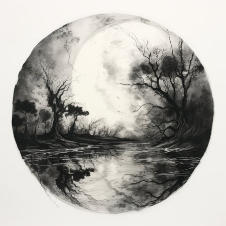 Black and white illustration of a full moon over a river with trees, landscape in a circle, graphite pencil, hand drawn.の素材
