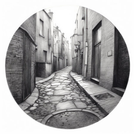 Narrow street in Prague, Czech Republic. Hand drawn illustration, landscape in a circle, graphite pencil, hand drawn.の素材