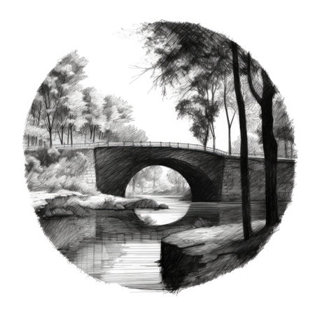 bridge in the park on a white background. black and white illustration, landscape in a circle, graphite pencil, hand drawn.の素材