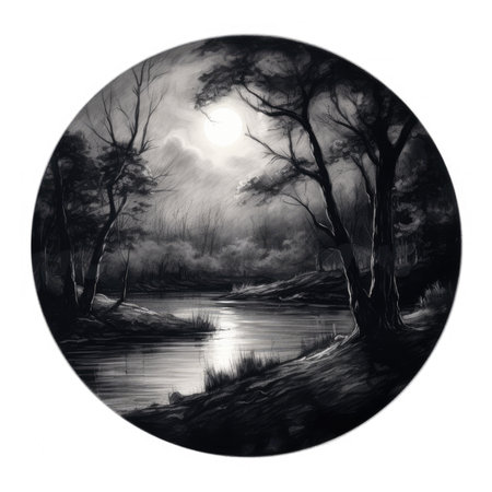 black and white illustration of a lake and trees in the forest at night, landscape in a circle, graphite pencil, hand drawn.の素材