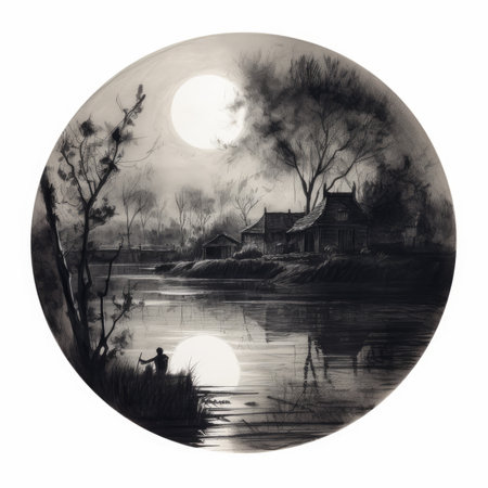 landscape with pond and house in the style of Chinese painting on paper, landscape in a circle, graphite pencil, hand drawn.の素材