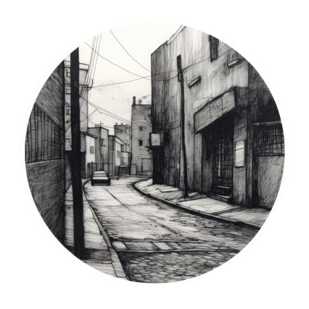Sketch of a street in the city. Hand-drawn illustration, landscape in a circle, graphite pencil, hand drawn.の素材
