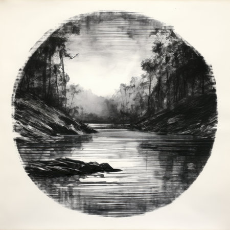 Black and white image of a river in the forest. Watercolor illustration, landscape in a circle, graphite pencil, hand drawn.の素材