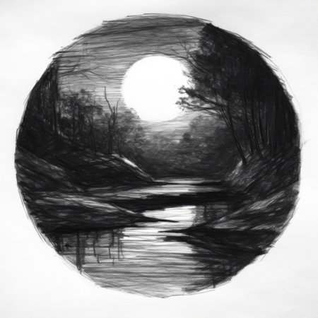 Watercolor black and white illustration of a lake in the forest, landscape in a circle, graphite pencil, hand drawn.の素材