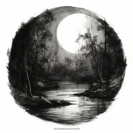 Black and white image of the moon over the river in the forest, landscape in a circle, graphite pencil, hand drawn.の素材