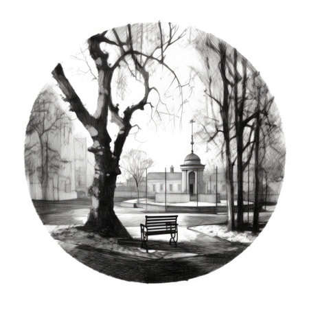 A black and white illustration of a park bench with trees in the background, landscape in a circle, graphite pencil, hand drawn.の素材