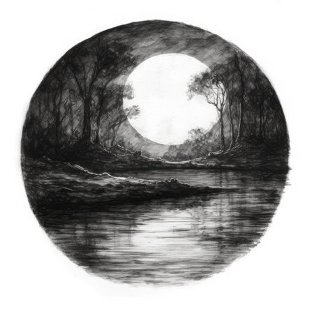 Hand drawn black and white illustration of the moon over the river, landscape in a circle, graphite pencil, hand drawn.の素材