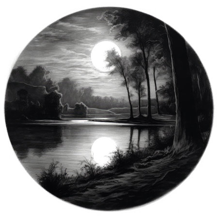 Black and white illustration of a lake with trees and a full moon, landscape in a circle, graphite pencil, hand drawn.の素材