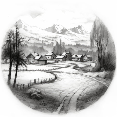 Winter landscape with snow-capped mountains in the background. Hand drawn illustration, landscape in a circle, graphite pencil, hand drawn.の素材