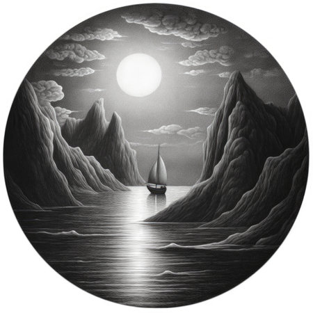 Sailing boat in the sea at sunset. Black and white illustration, landscape in a circle, graphite pencil, hand drawn.の素材