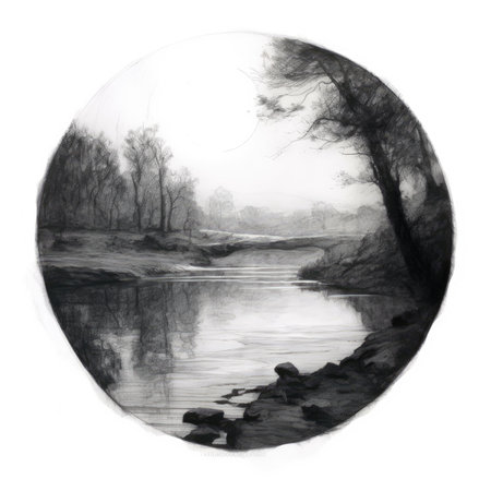 black and white illustration of a lake with trees in the background, landscape in a circle, graphite pencil, hand drawn.の素材