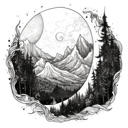 Vintage engraving illustration of a full moon and mountains, landscape in a circle, graphite pencil, hand drawn.の素材