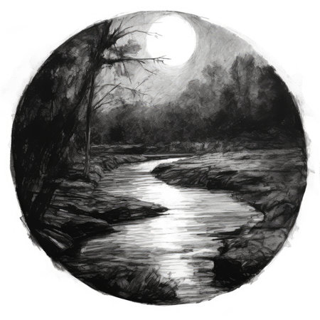 black and white landscape with river, trees and the moon on the background, landscape in a circle, graphite pencil, hand drawn.の素材