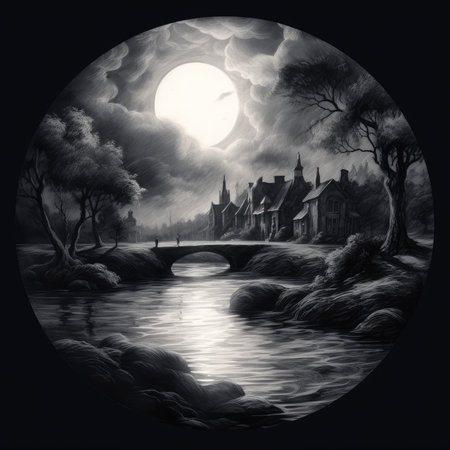Fantasy landscape with old house, bridge and lake in the moonlight, landscape in a circle, graphite pencil, hand drawn.の素材