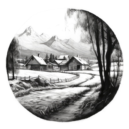 Winter landscape with snow-capped mountains and houses. Hand drawn illustration, landscape in a circle, graphite pencil, hand drawn.の素材