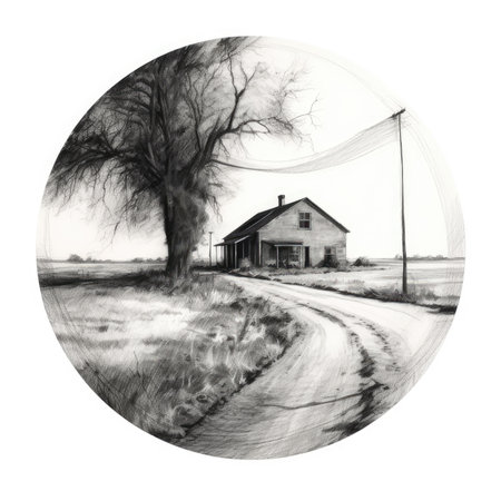 Black and white illustration of a rural landscape with a country house and a tree, landscape in a circle, graphite pencil, hand drawn.の素材