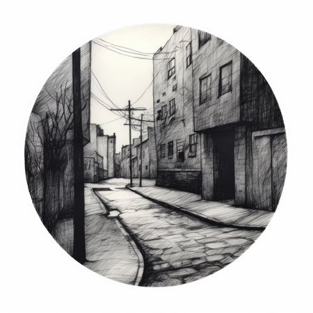 drawing of a street in the city, sketch for your design, landscape in a circle, graphite pencil, hand drawn.の素材