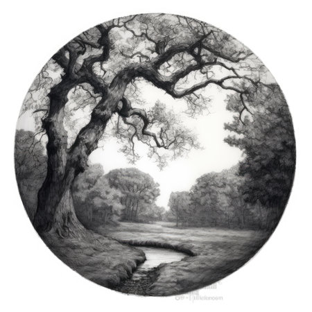 An image of a black and white image of an old oak tree, landscape in a circle, graphite pencil, hand drawn.の素材