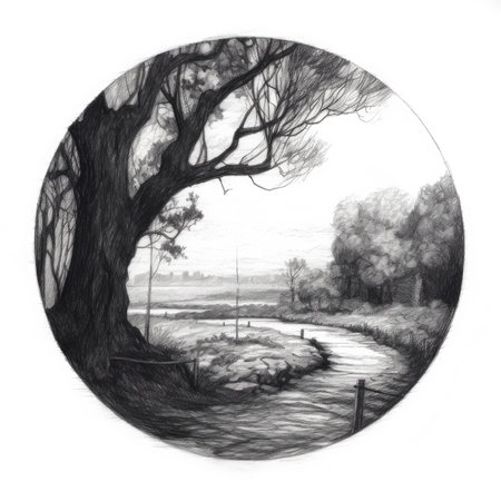 Black and white illustration of an old tree in the middle of the river, landscape in a circle, graphite pencil, hand drawn.の素材