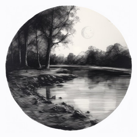 Illustration of a lake with trees in the background and a full moon, landscape in a circle, graphite pencil, hand drawn.の素材