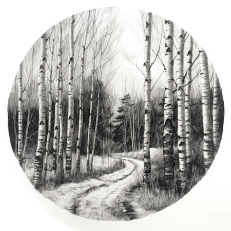 A black and white image of a road through the birch forest, landscape in a circle, graphite pencil, hand drawn.の素材