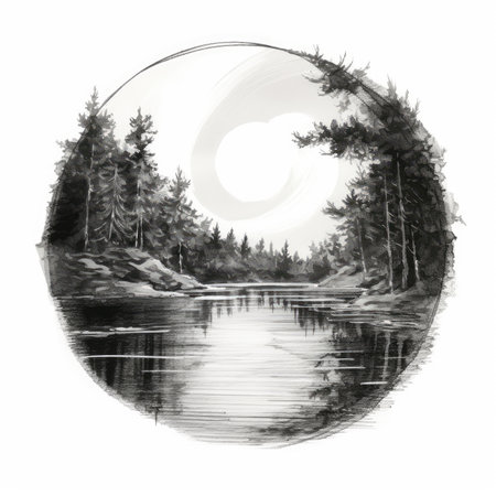 Watercolor landscape with forest and river on white background. Hand drawn illustration, landscape in a circle, graphite pencil, hand drawn.の素材