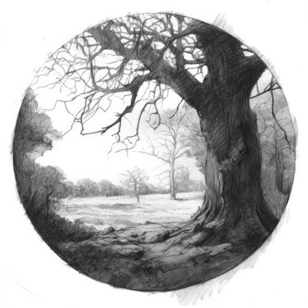 Black and white illustration of an old tree in the autumn forest, landscape in a circle, graphite pencil, hand drawn.の素材