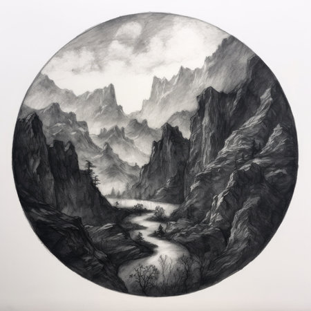 Fantasy landscape with river and mountains. Hand drawn illustration in a circle, landscape in a circle, graphite pencil, hand drawn.の素材