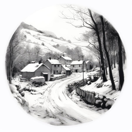 Winter landscape with village in the mountains. Black and white illustration, landscape in a circle, graphite pencil, hand drawn.の素材